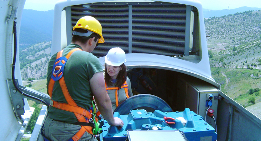 technicians on wind turbine for gearbox inspection